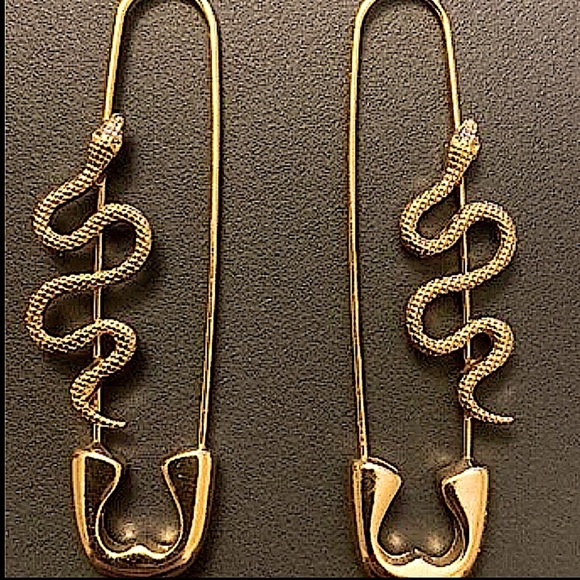 Gold Safety Pin Snake Earrings - Picture 2 of 10